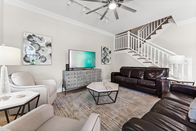 living room with rail lighting, crown molding, hardwood / wood-style flooring, and ceiling fan