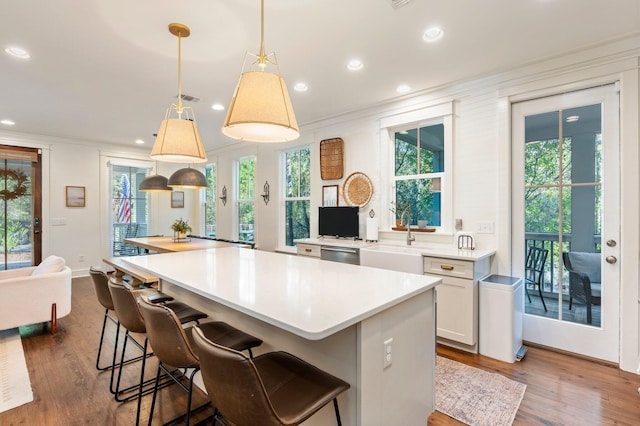 kitchen featuring sink, white cabinetry, decorative light fixtures, and wood-type flooring