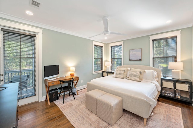 bedroom with ceiling fan, crown molding, dark hardwood / wood-style flooring, and access to exterior