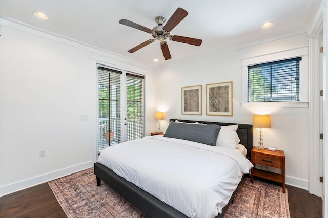 bedroom featuring ceiling fan, ornamental molding, dark hardwood / wood-style flooring, and access to exterior