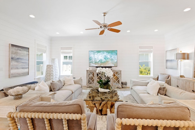 living room with ceiling fan