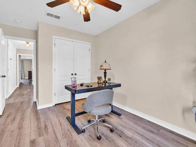 office space with light wood-type flooring and ceiling fan