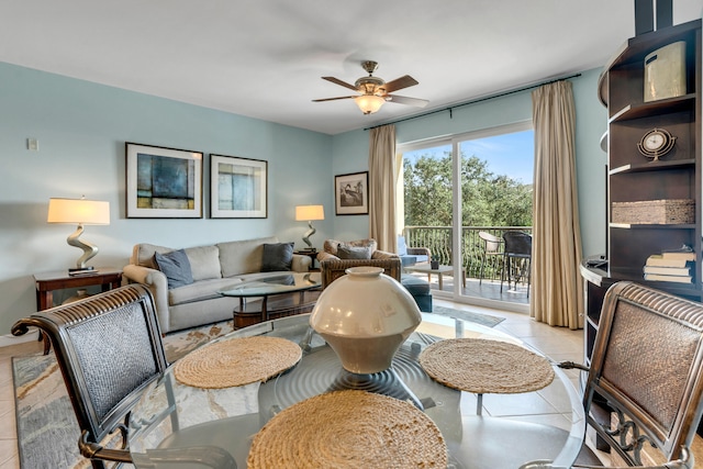 tiled living room with ceiling fan