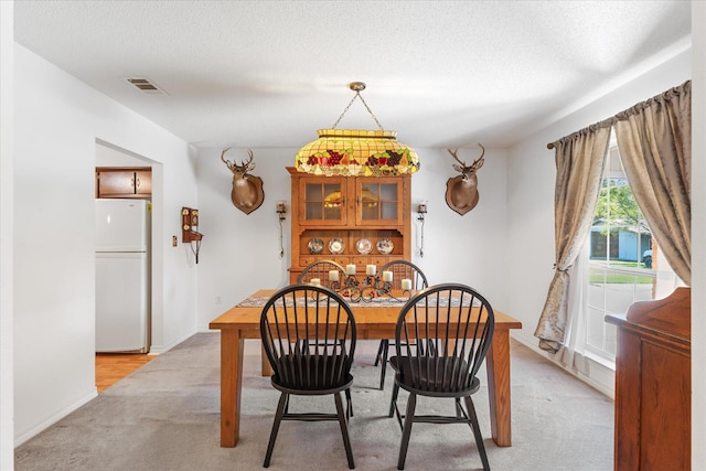 carpeted dining area featuring a textured ceiling