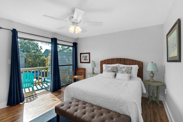 bedroom featuring ceiling fan, hardwood / wood-style flooring, and access to exterior