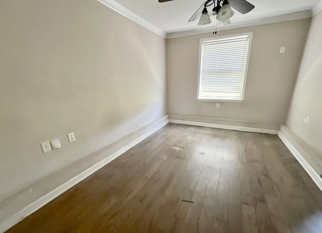 unfurnished room with crown molding, ceiling fan, and wood-type flooring