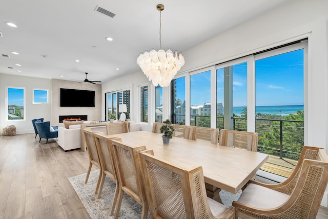 dining space with a large fireplace, light hardwood / wood-style floors, and plenty of natural light