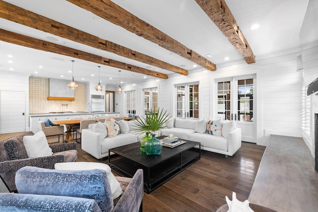 living room featuring recessed lighting, a fireplace, french doors, beam ceiling, and dark wood-style floors