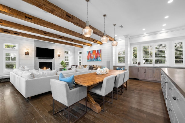 dining space with dark wood-type flooring, beamed ceiling, visible vents, and recessed lighting