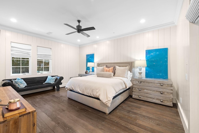 bedroom featuring ceiling fan, dark hardwood / wood-style flooring, and ornamental molding