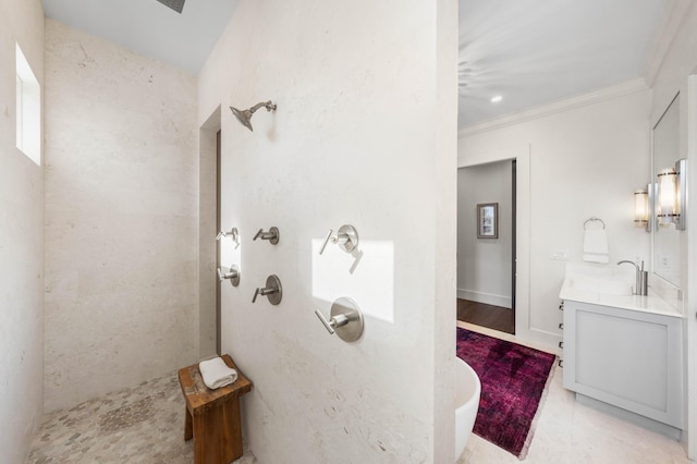 bathroom featuring a shower, ornamental molding, and vanity