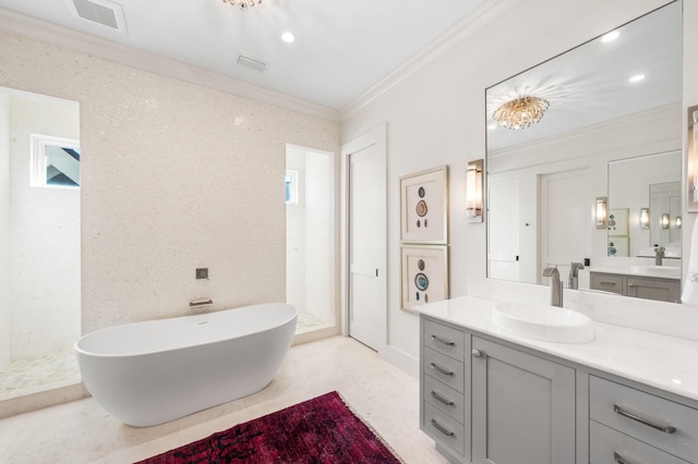 bathroom with vanity, shower with separate bathtub, and crown molding