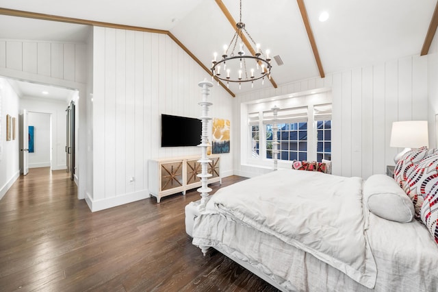 bedroom featuring vaulted ceiling with beams, wood walls, dark wood-type flooring, and an inviting chandelier