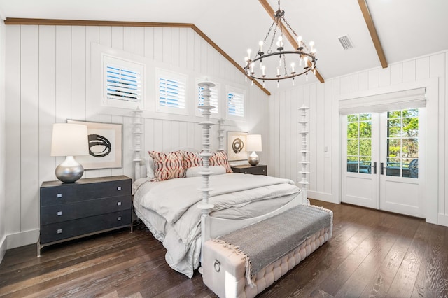 bedroom featuring lofted ceiling with beams, dark hardwood / wood-style floors, multiple windows, and wood walls