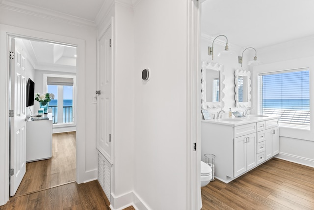 hallway featuring wood-type flooring, ornamental molding, and a wealth of natural light