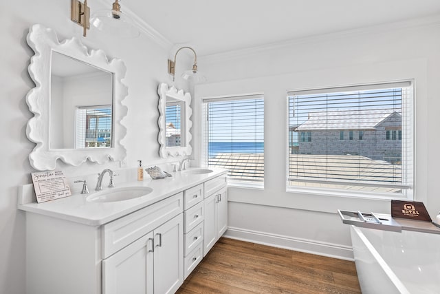 bathroom featuring vanity, crown molding, hardwood / wood-style flooring, and a wealth of natural light