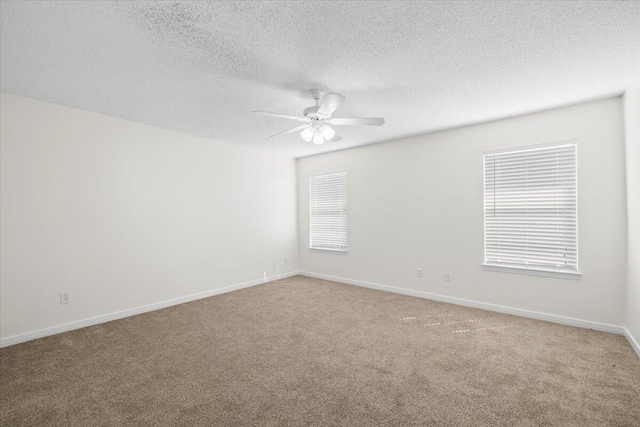 empty room featuring carpet, a textured ceiling, and ceiling fan