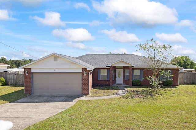 single story home featuring a garage and a front yard