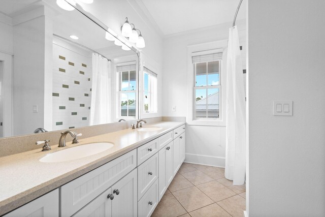 bathroom with vanity, tile patterned flooring, ornamental molding, and a shower with shower curtain