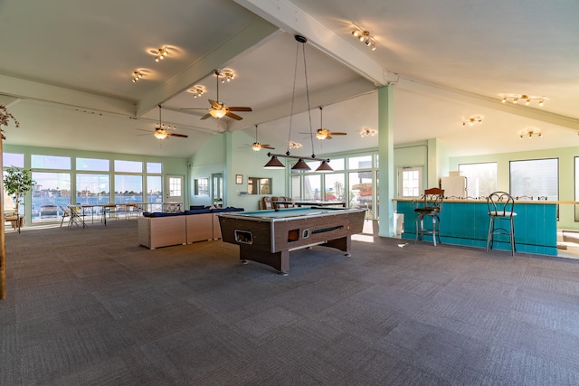 recreation room featuring pool table, plenty of natural light, high vaulted ceiling, and carpet