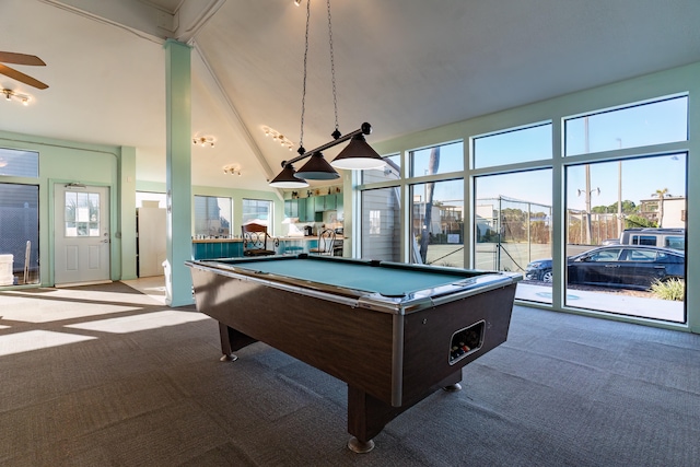 game room with carpet floors, plenty of natural light, high vaulted ceiling, and pool table