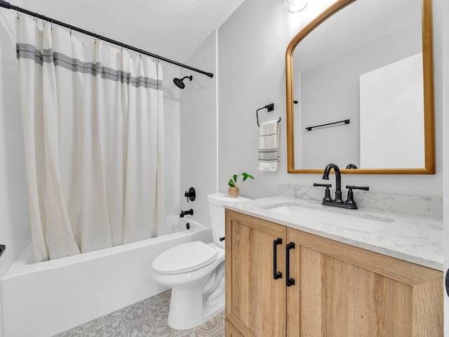 full bathroom with shower / bath combo, vanity, and toilet