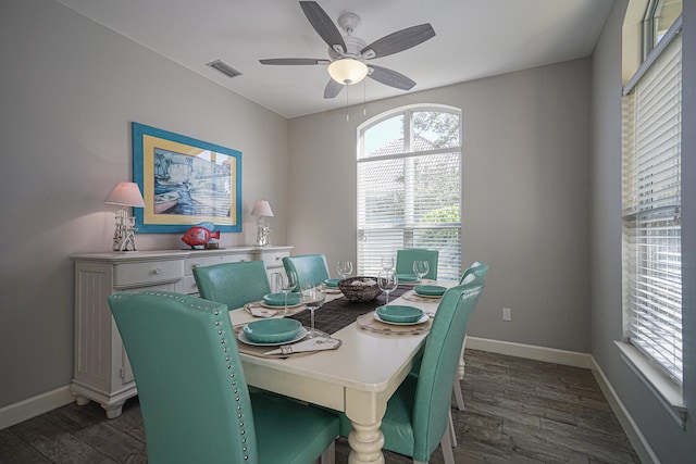 dining room featuring dark wood-type flooring and ceiling fan