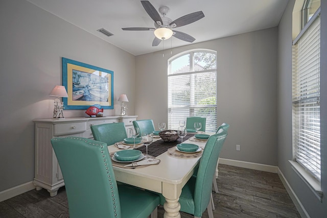dining room with baseboards, visible vents, a ceiling fan, and dark wood-style floors