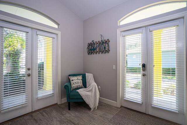 entryway featuring lofted ceiling, baseboards, wood finished floors, and french doors
