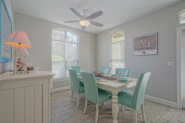 dining area featuring light hardwood / wood-style flooring, a healthy amount of sunlight, and ceiling fan