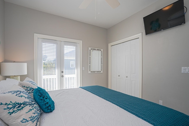 bedroom with ceiling fan, a closet, access to outside, and french doors