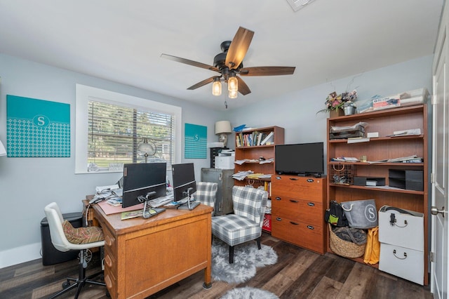 office area with ceiling fan and dark wood-type flooring