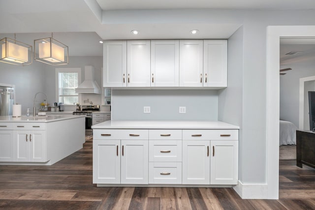 kitchen featuring stainless steel gas stove, white cabinets, dark hardwood / wood-style floors, and custom range hood