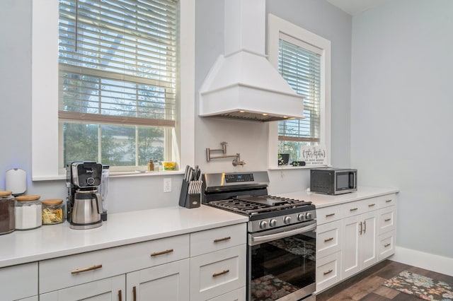 kitchen featuring custom exhaust hood, appliances with stainless steel finishes, dark hardwood / wood-style floors, and white cabinetry