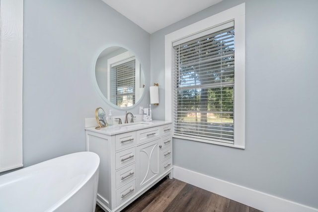 bathroom featuring wood-type flooring, vanity, and a tub