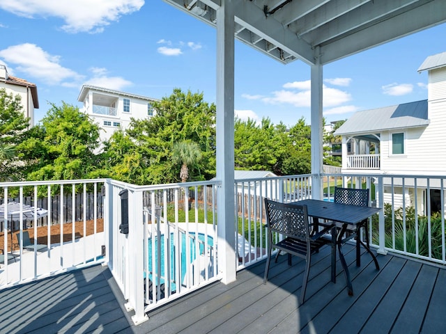 28 Sandcastle Ct, Santa Rosa Beach, FL 32459 - wooden deck with outdoor dining space, a fenced in pool, and fence