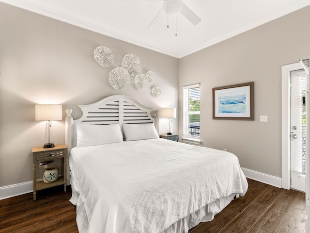 bedroom with crown molding, ceiling fan, and dark hardwood / wood-style flooring