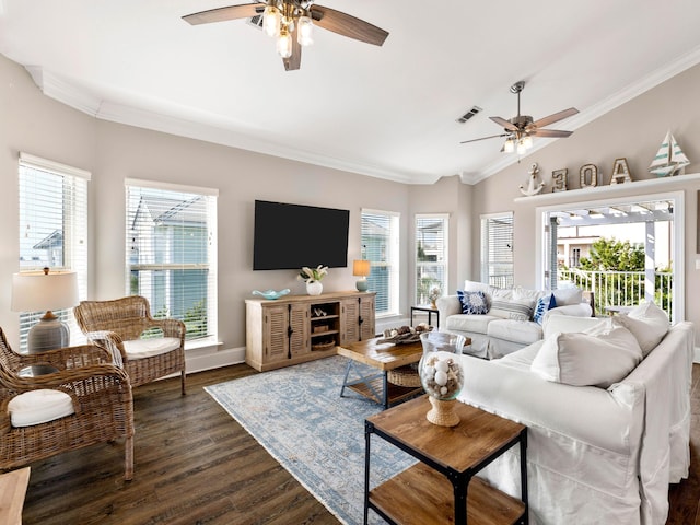 28 Sandcastle Ct, Santa Rosa Beach, FL 32459 - living room with ornamental molding, a ceiling fan, visible vents, and dark wood finished floors