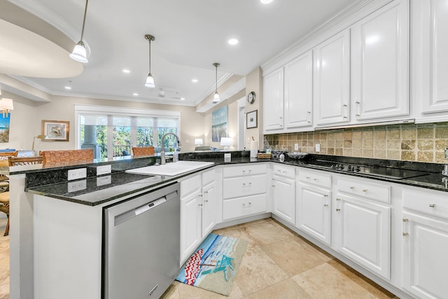 5378 Pine Ridge Ln Unit 5378, Miramar Beach, FL 32550 - kitchen with stainless steel dishwasher, a sink, black electric stovetop, ornamental molding, and a peninsula
