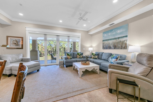 living room featuring crown molding, french doors, and ceiling fan