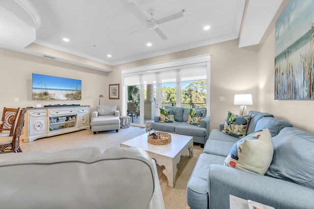 5378 Pine Ridge Ln Unit 5378, Miramar Beach, FL 32550 - living area with crown molding, light carpet, ceiling fan, and recessed lighting