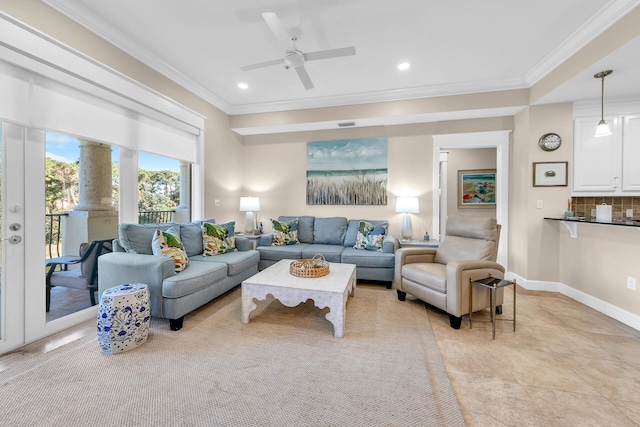 tiled living room featuring crown molding and ceiling fan