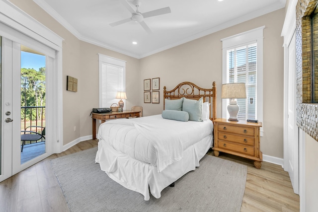 bedroom with crown molding, light hardwood / wood-style flooring, access to exterior, and ceiling fan