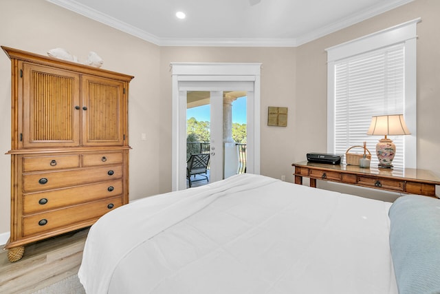 bedroom featuring light hardwood / wood-style flooring, access to outside, and ornamental molding