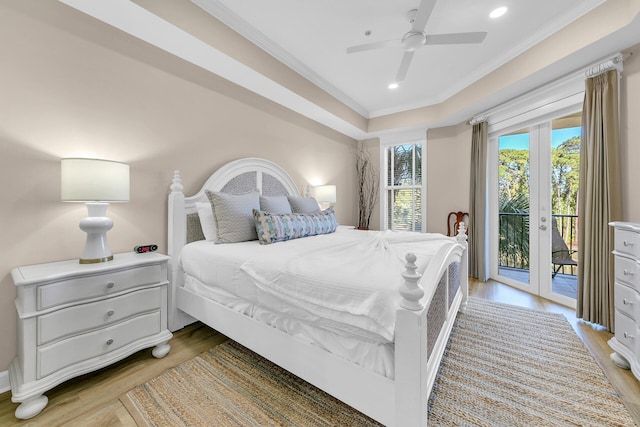 bedroom featuring ornamental molding, hardwood / wood-style flooring, access to outside, and ceiling fan