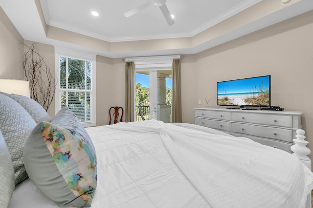 5378 Pine Ridge Ln Unit 5378, Miramar Beach, FL 32550 - bedroom featuring access to exterior, crown molding, a tray ceiling, and recessed lighting