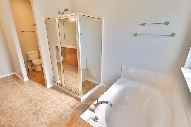 bathroom with tile patterned flooring, toilet, and independent shower and bath