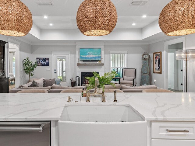 kitchen featuring light stone countertops, a tray ceiling, stainless steel dishwasher, and plenty of natural light