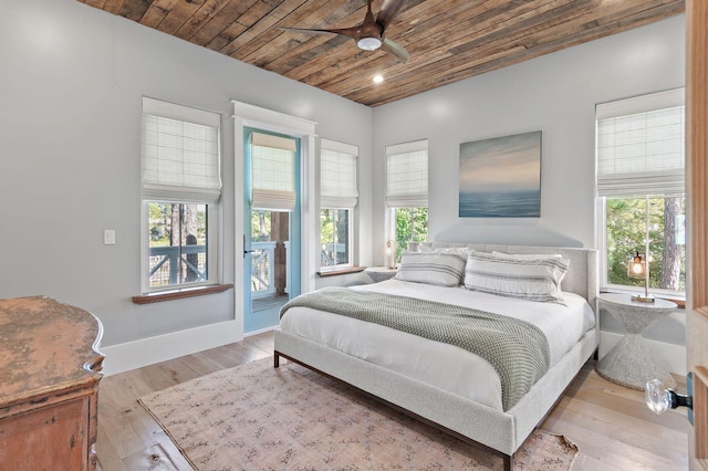 bedroom with light hardwood / wood-style floors, wooden ceiling, and ceiling fan