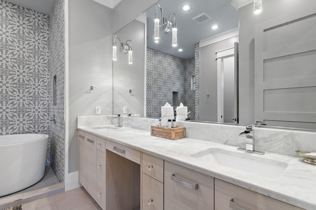 bathroom with vanity, plus walk in shower, and tile patterned floors